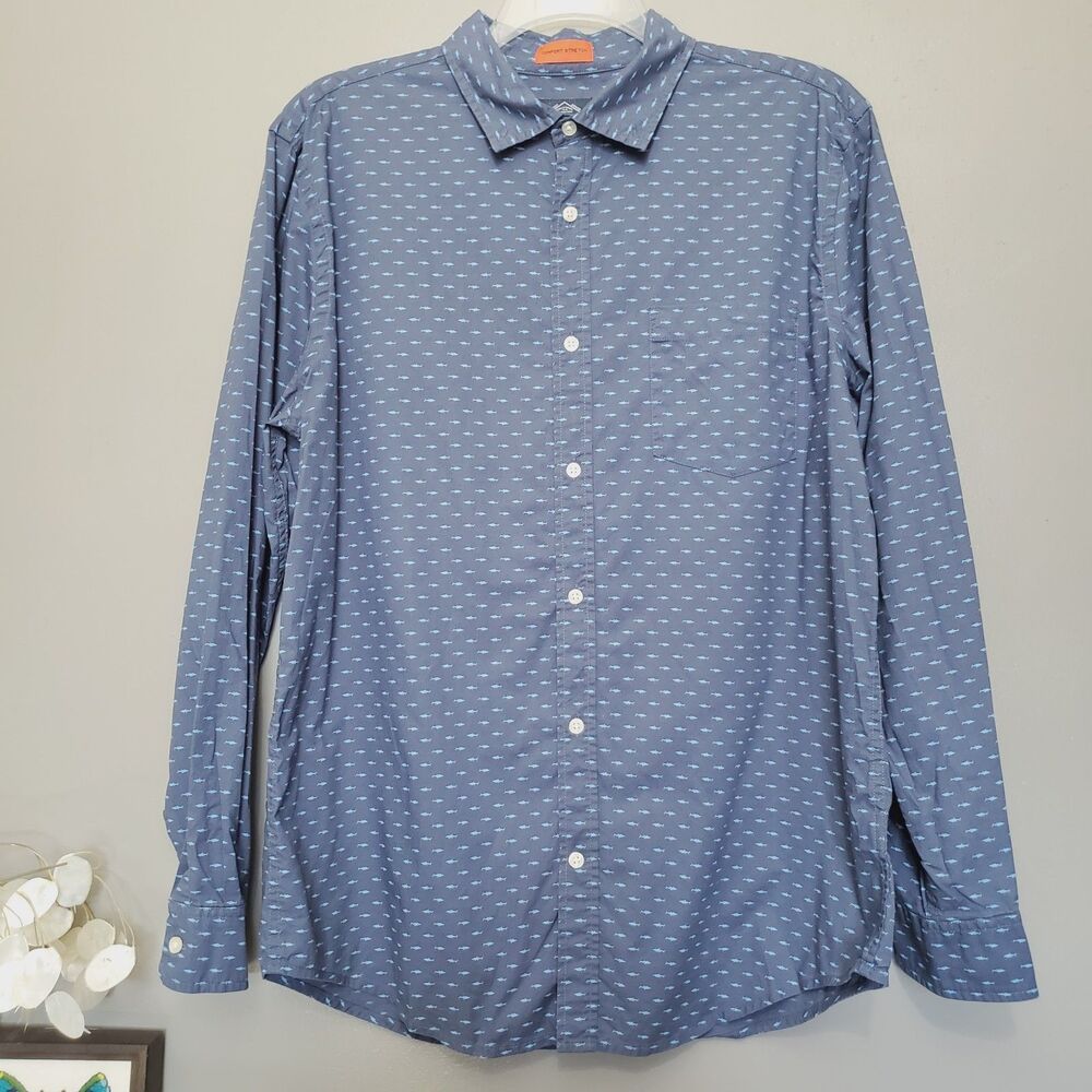 St John's Bay Button Down Shirt Mens Size Large Blue Fish Comfort Stretch
